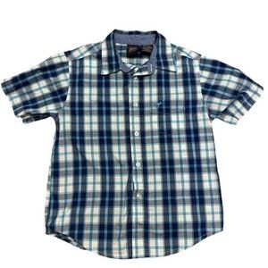 Wranglers Button Down Logo Pocket Short Sleeve Blue Plaid Casual Shirt Boy S 6/7